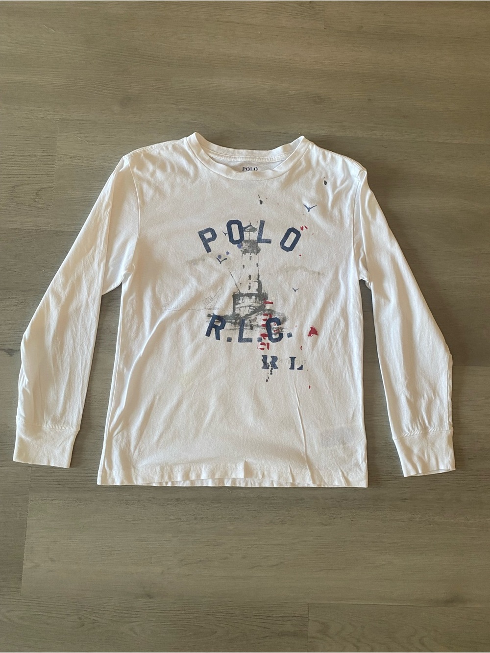 Polo by Ralph Lauren White Long-Sleeve Tee with Navy Graphic and Red Accents